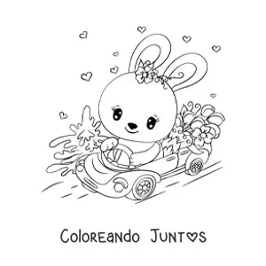 Imagen para colorear de conejo kawaii en un auto
