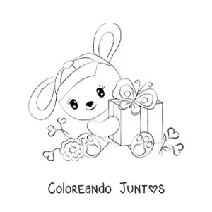 Imagen para colorear de conejo kawaii con regalo