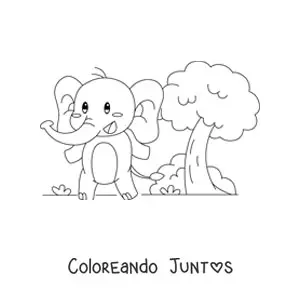 Imagen para colorear de elefante kawaii animado en su hábitat