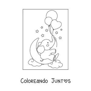 Imagen para colorear de elefante bebé kawaii con globos de corazón