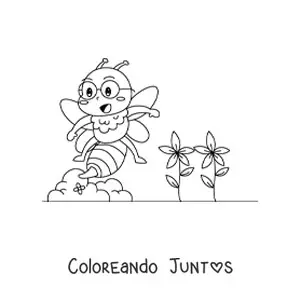 Imagen para colorear de abeja kawaii animada con flores
