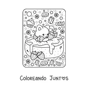 Imagen para colorear de pastel de fresas con perro kawaii