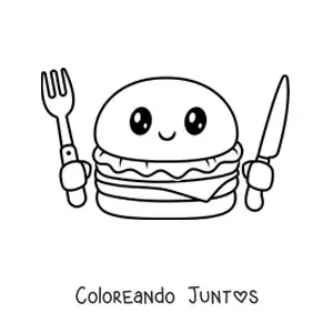 Imagen para colorear de hamburguesa kawaii con cubiertos