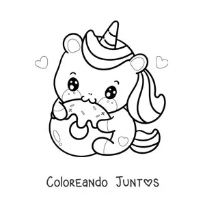 Imagen para colorear de unicornio kawaii comiendo una dona