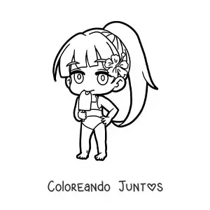 Imagen para colorear de muñeca japonesa kawaii en bikini comiendo una paleta helada