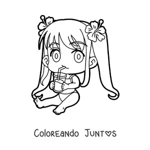 Imagen para colorear de niña kawaii sentada con traje de baño y una bebida