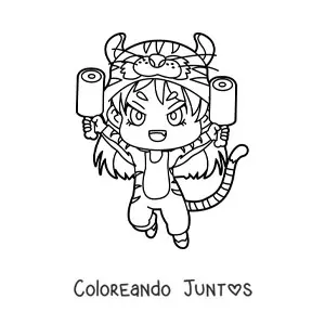 Imagen para colorear de muñeca kawaii con disfraz de tigre
