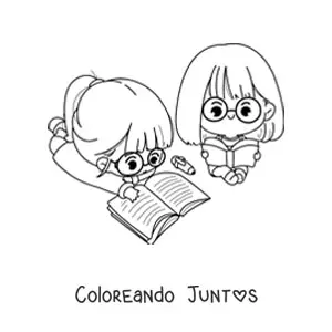 Imagen para colorear de niñas kawaii estudiando