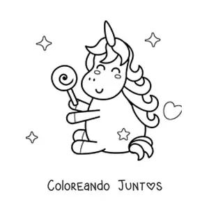 Imagen para colorear de un unicornio kawaii sentado con una paleta y brillos de fondo