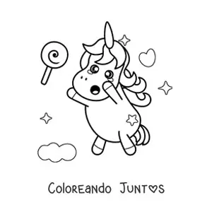 Imagen para colorear de un unicornio kawaii levantado que intenta agarrar una paleta