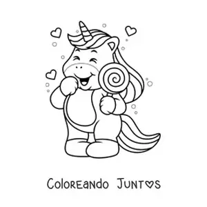 Imagen para colorear de un unicornio con una paleta en espiral y corazones en el fondo