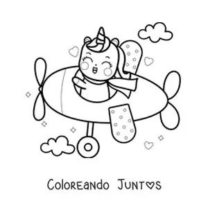 Imagen para colorear de unicornio kawaii volando un avión