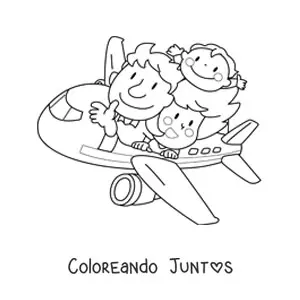 Imagen para colorear de familia kawaii viajando en un avión