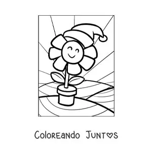 Imagen para colorear de flor animada con gorro de Navidad