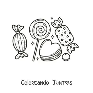 Imagen para colorear de una paleta, una galleta con forma de corazón y caramelos alrededor