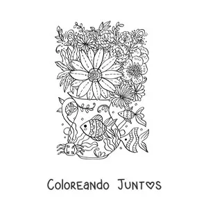 Imagen para colorear de jarrón con flores con peces kawaii