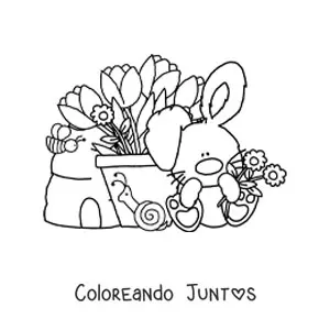 Imagen para colorear de conejo animado kawaii con tulipanes y flores