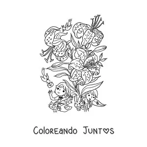 Imagen para colorear de lirios con niños kawaii