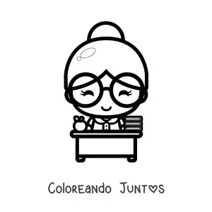 Imagen para colorear de maestra kawaii en su escritorio con una manzana