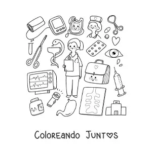 Imagen para colorear de doctora kawaii con cosas animadas