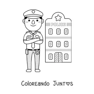 Imagen para colorear de policía kawaii frente a la estación