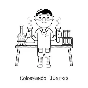 Imagen para colorear de científico kawaii en su laboratorio