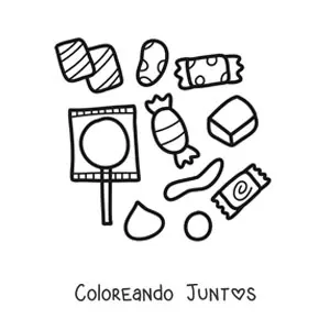 Imagen para colorear de varias paletas y caramelos envueltos