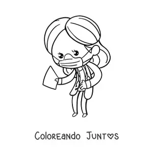 Imagen para colorear de mujer médico kawaii con mascarilla