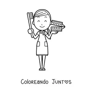 Imagen para colorear de mujer odontólogo animada con dentadura y cepillo
