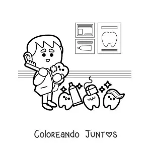 Imagen para colorear de odontólogo y dientes kawaii promoviendo la higiene dental