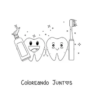 Imagen para colorear de dientes kawaii con cepillo y pasta dental
