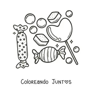 Imagen para colorear de una paleta en forma de corazón, galletas y caramelos
