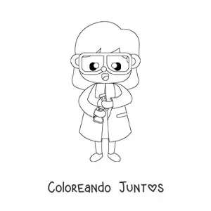 Imagen para colorear de mujer científico kawaii mezclando químicos