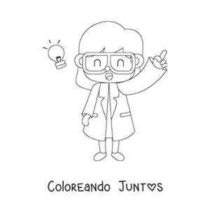 Imagen para colorear de mujer científico kawaii teniendo una idea