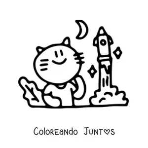Imagen para colorear de gato kawaii estudiando un cohete