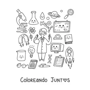 Imagen para colorear de hombre científico con cosas kawaii animadas