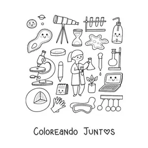 Imagen para colorear de mujer científico con cosas kawaii animadas