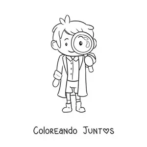 Imagen para colorear de hombre científico kawaii con una lupa