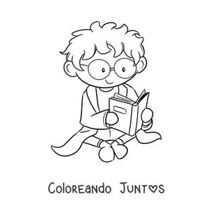 Imagen para colorear de científico kawaii sentado leyendo un libro de ciencias