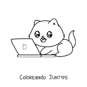 Imagen para colorear de gato kawaii usando un ordenador portátil