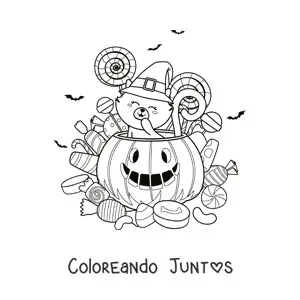 Imagen para colorear de un gato dentro de una calabaza de halloween con paletas y caramelos