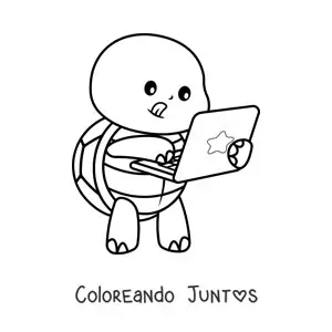 Imagen para colorear de tortuga kawaii animada usando un ordenador portátil