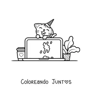 Imagen para colorear de gato kawaii ensuciando una laptop con helado