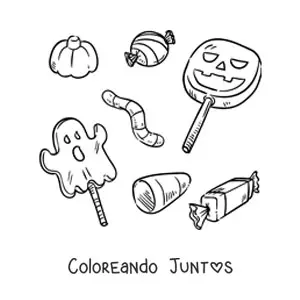 Imagen para colorear de varias paletas de halloween y caramelos