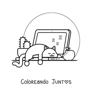 Imagen para colorear de gato kawaii durmiendo sobre una laptop