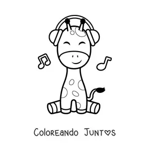 Imagen para colorear de jirafa kawaii sentada escuchando música con audífonos