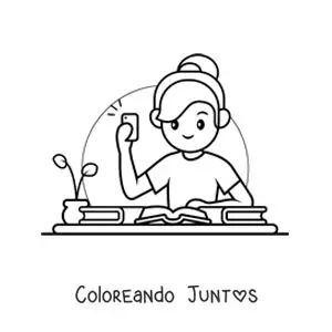 Imagen para colorear de chica kawaii tomando foto a sus apuntes con el celular