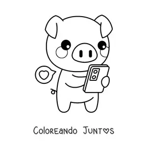 Imagen para colorear de cerdito kawaii chateando desde su celular