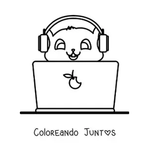 Imagen para colorear de gato kawaii con computadora portátil