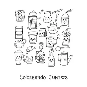 Imagen para colorear de café y comida de cafetería kawaii